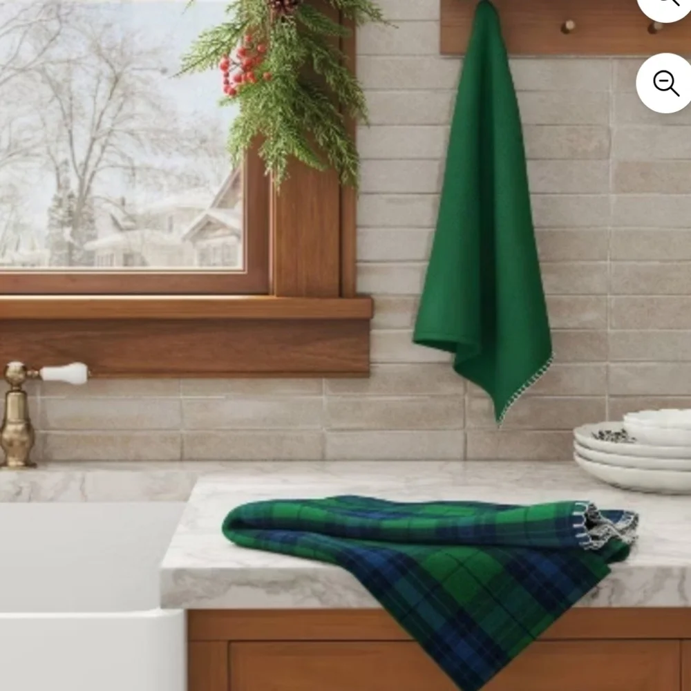 Threshold Set Of 2 Solid Green And Blue And Green Plaid Kitchen Towels